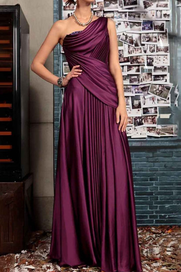 One Shoulder Satin Pleated Long Evening Gown, Beaded Ruched Formal Maxi Dress