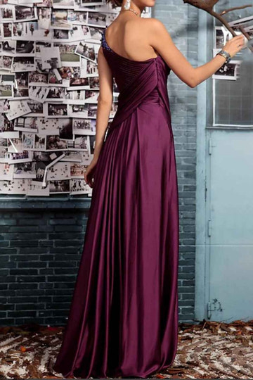One Shoulder Satin Pleated Long Evening Gown, Beaded Ruched Formal Maxi Dress