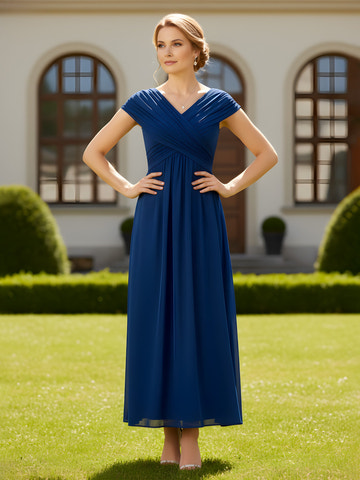 Royal Blue V-Neck Pleated Chiffon Maxi Dress – Formal Evening Gown for Weddings