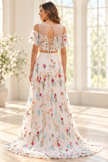 Vedress floral two-piece prom dress with a sheer keyhole back, crisscross bodice lacing and a flowing embroidered tulle skirt, back view