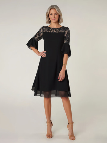 Black Lace Sequin A-Line Mini Dress with Bell Sleeves – Cocktail Party Gown