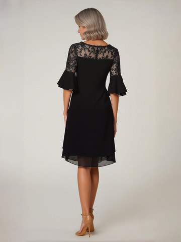 Black Lace Sequin A-Line Mini Dress with Bell Sleeves – Cocktail Party Gown