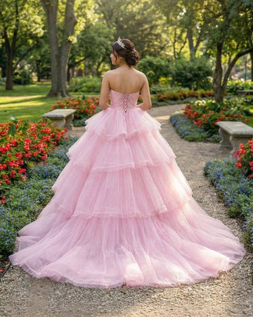 Vedress pink strapless ball gown quinceanera dress lace up back view multi-layer tiered tulle skirt