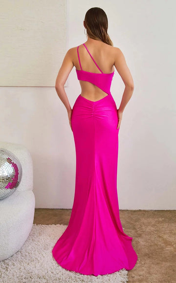 Back view of floor-length mermaid evening dress with strappy open back and ruched skirt