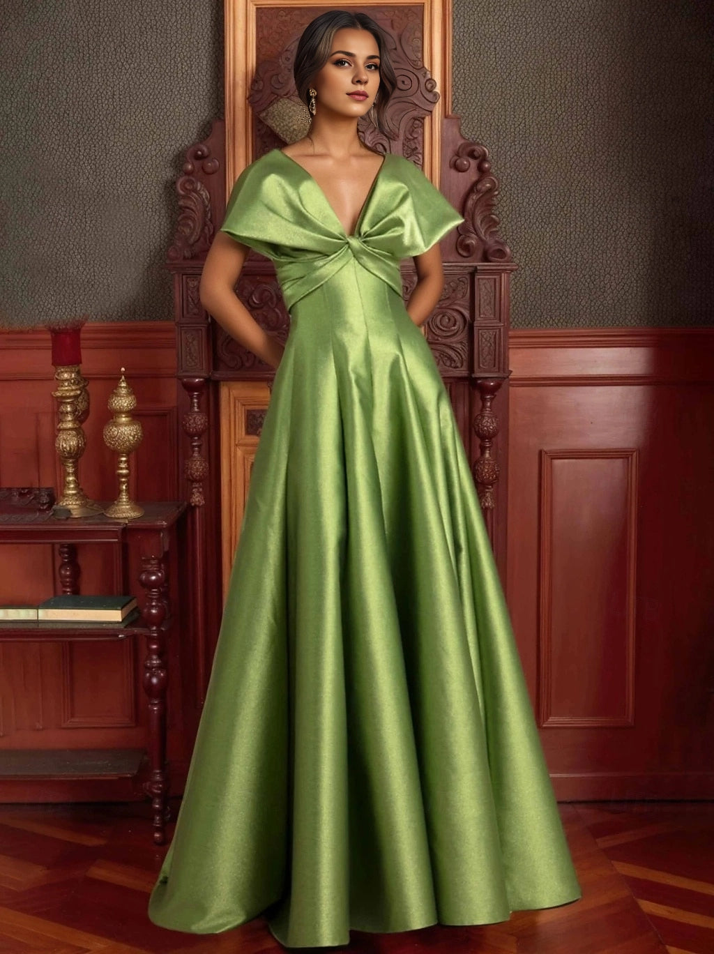 Vedress olive green shiny satin deep V twist front cap sleeve A-line floor length formal prom evening gown