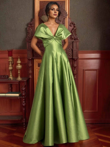 Vedress olive green shiny satin deep V twist front cap sleeve A-line floor length formal prom evening gown