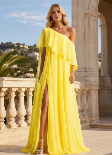 Elegant A-Line One Shoulder Zip Back Floor Length Prom Dress