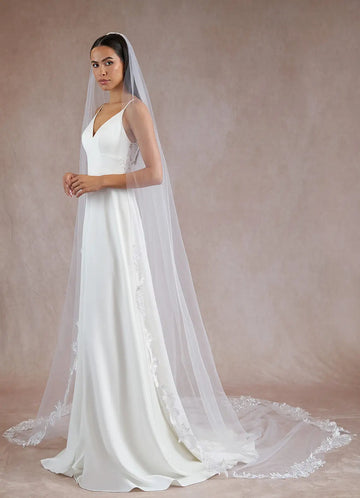 Elegant Sheer Tulle Embroidered Lace Cathedral Length Bridal Wedding Veil