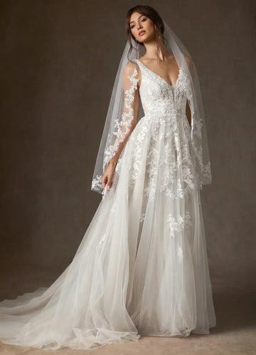 Romantic Sheer Tulle Floral Lace Two-Tier Chapel Length Bridal Wedding Veil