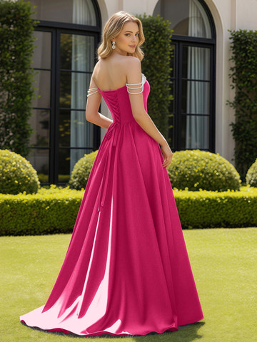 Vestido de noche formal de satén rosa fuerte con hombros descubiertos, adorno de cuentas, corpiño corsé, fruncido, falda de fiesta con abertura alta y cola para bodas, bailes de graduación y eventos de etiqueta
