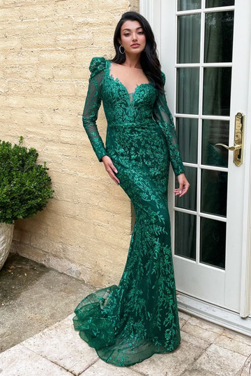 Vestido largo de sirena con lentejuelas, manga larga, escote ilusión, hombros abullonados, encaje adornado, para fiesta de graduación o como invitada de boda