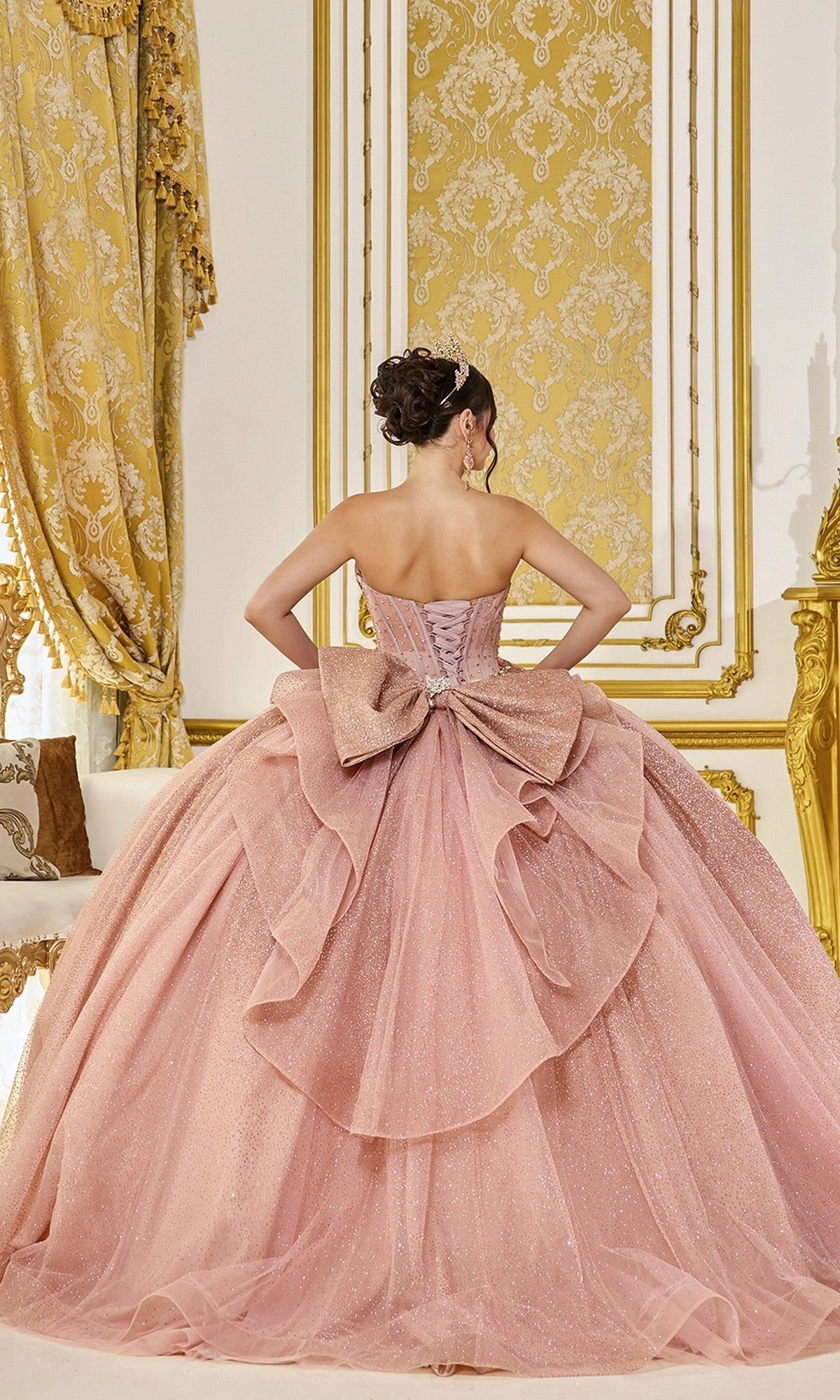 Vedress rose-gold quinceanera ball gown corset back floor-length large glitter bow heavy beading strapless back view
