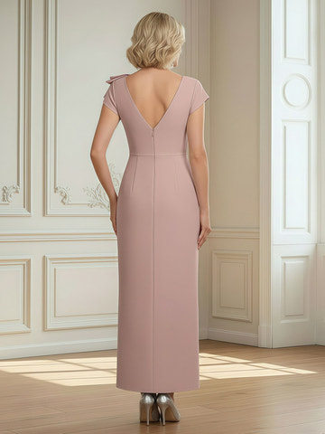 Elegant Dusty Pink V-Neck Sheath Dress with Bow & Rhinestone Accent – Formal Mother of the Bride Gown