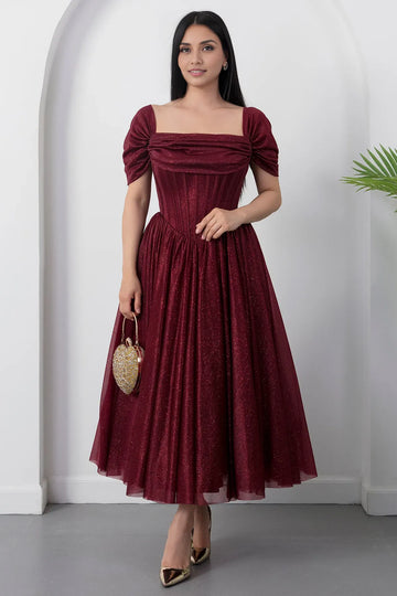 Romantic A-Line Square Neck Short Sleeve Glitter Tulle Lace-Up Formal Party Cocktail Dress