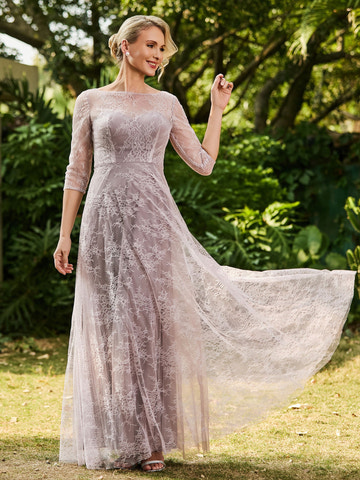 Dusty Lavender Lace 3/4 Sleeve A-Line Maxi Dress – Formal Mother of the Bride Gown