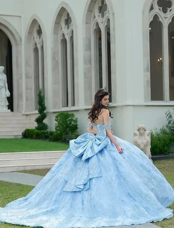 Back view Vedress light blue quinceanera gown open back big bow long train glitter tulle dress