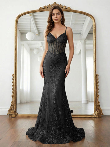 Elegant Mermaid V-Neck Sleeveless Floor-Length Sequin Corset Tulle Prom Dress