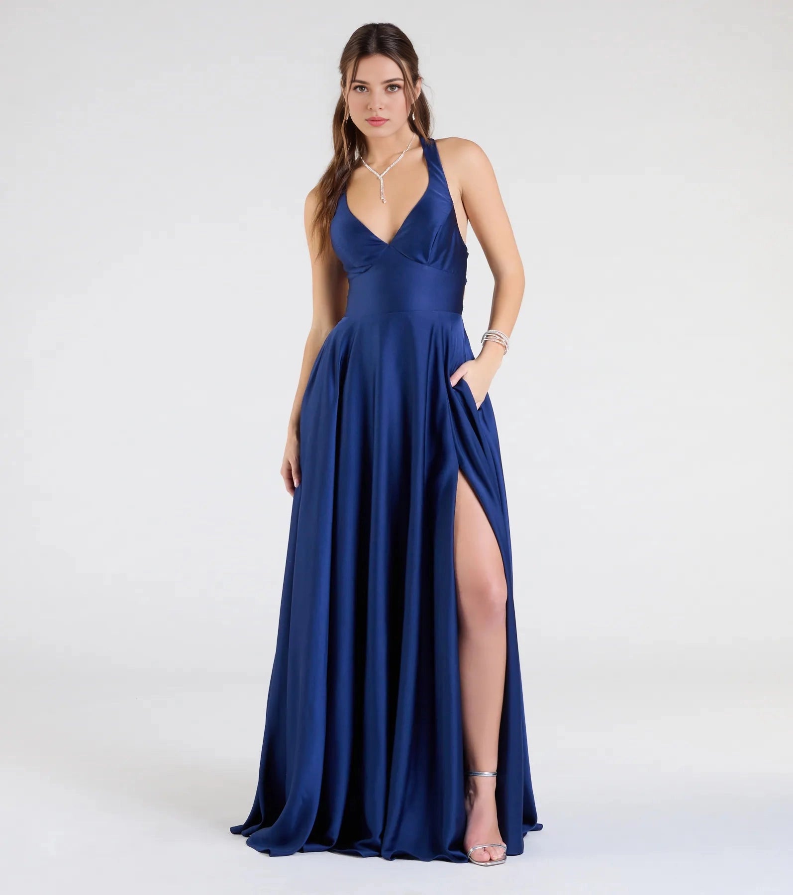 Roselle Dress navy satin long prom gown halter deep v sleeveless front slit with pockets front view