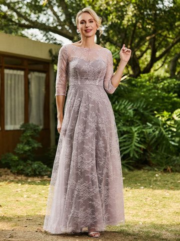 Dusty Lavender Lace 3/4 Sleeve A-Line Maxi Dress – Formal Mother of the Bride Gown
