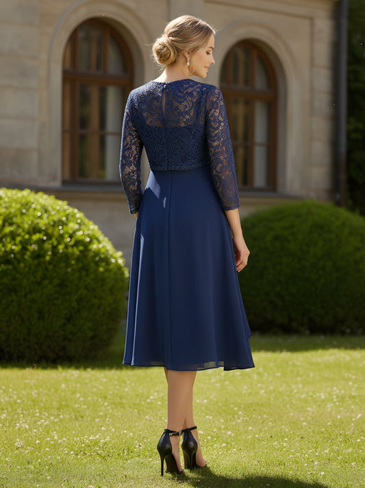 Navy Blue Lace Yoke Chiffon Midi Dress – 3/4 Sleeve Formal Mother of the Bride Gown with Brooch