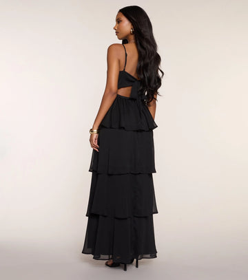 Roselle Dress black formal dress cutout waist bow tie back layered tiered long prom dress rear view