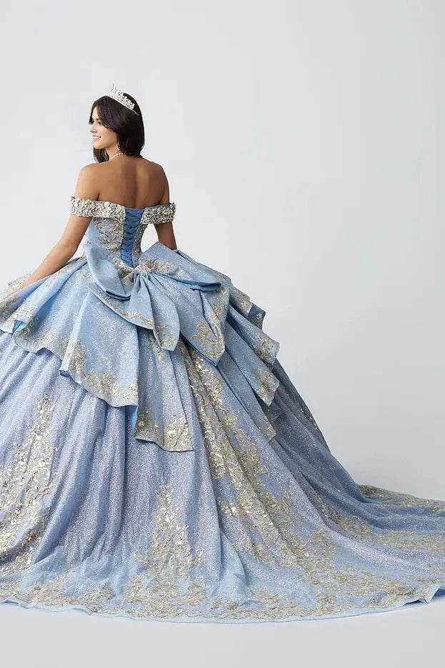 Vedress blue quinceañera dress corset back large bow glitter skirt train back view