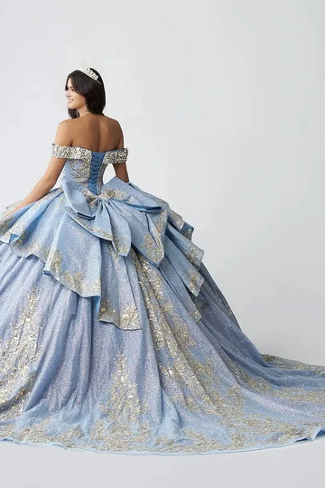 Vedress blue quinceañera dress corset back large bow glitter skirt train back view