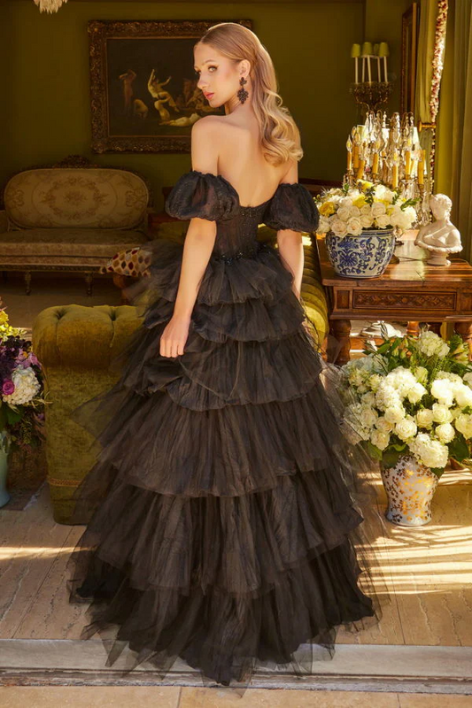 Elegant Black Off-the-Shoulder Sweetheart Tulle Ball Gown with Tiered Ruffles Beaded Bodice - Formal Evening Dress