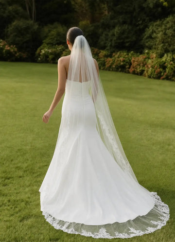 Romantic Sheer Tulle Floral Lace Cathedral Length Bridal Wedding Veil