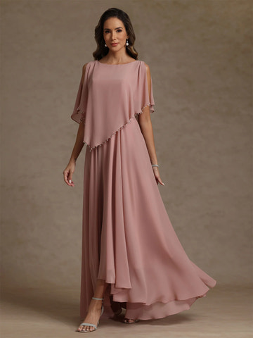 A-Line Round Neck Chiffon Floor-Length Beaded Gown Mother of the Bride Dress