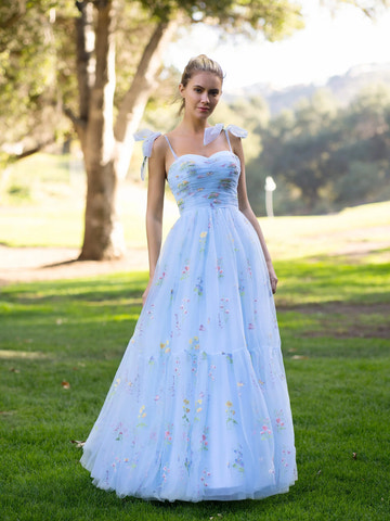 Elegant Tulle A-Line Cold Shoulder Floral Tulle Embroidery Prom Dress