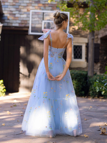 Elegant Tulle A-Line Cold Shoulder Floral Tulle Embroidery Prom Dress