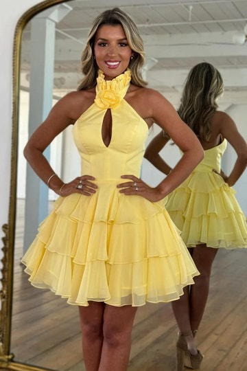 A-Line Halter Neck Backless Short Tiered Chiffon Homecoming Dress