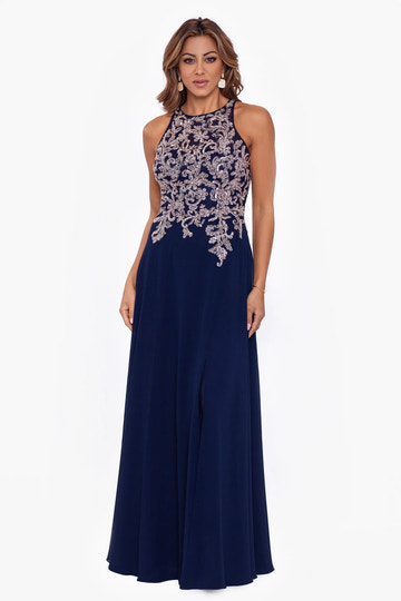 Elegant A-Line Halter Sleeveless Mother of the Bride Dress Beaded Chiffon Gown with Slit