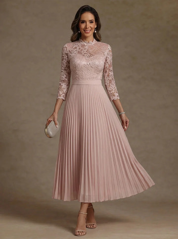 A-Line High Neck Chiffon Lace Pleated Tea-Length 3/4 Sleeves Mother of the Bride Dresses