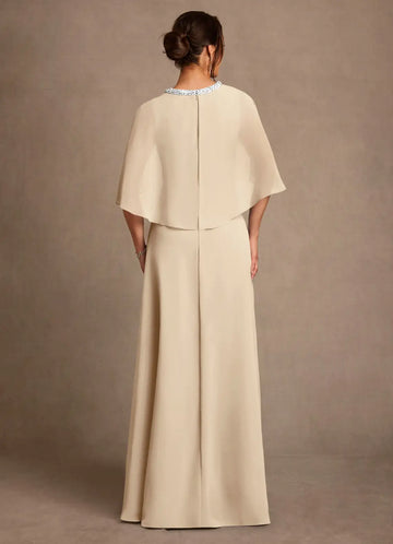 A-Line Beaded Jewel Neck Maxi Cape Sleeve Formal Dress Mother of the Bride Dress
