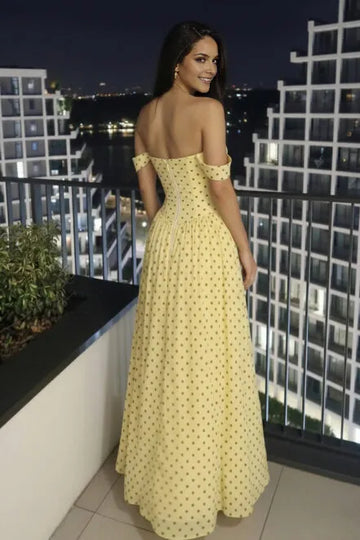 A Line Off Shoulder Chiffon Floor Length Polka Dot Maxi Dress