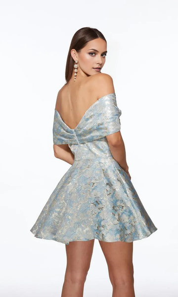 Elegant A-Line Off-The-Shoulder Short-Sleeve Brocade Mini Bow Cocktail Dress