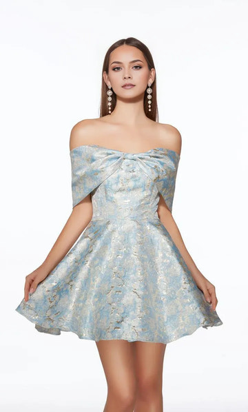 Elegant A-Line Off-The-Shoulder Short-Sleeve Brocade Mini Bow Cocktail Dress