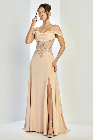 A-Line Off-The-Shoulder Spaghetti-Strap Chiffon Beaded Slit Wedding Guest Dress