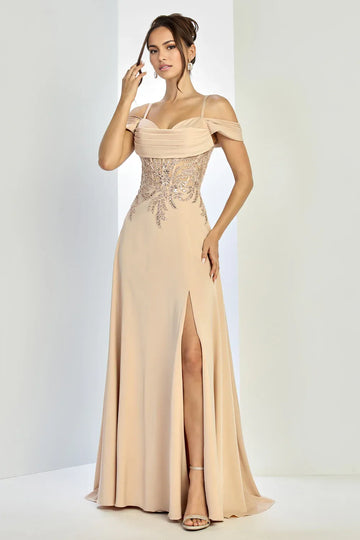 A-Line Off-The-Shoulder Spaghetti-Strap Chiffon Beaded Slit Wedding Guest Dress
