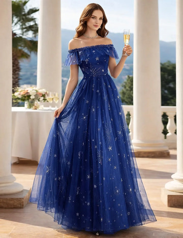 Vestidos de Fiesta de Noche con Corte Evasé, con Brillos, Escote Bardot, de Tul con Bordados, con Volantes, para Invitadas de Boda