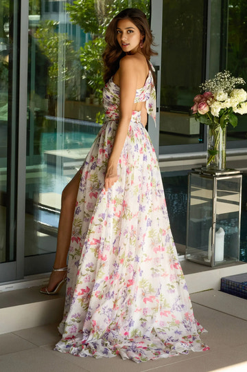 A Line One Shoulder Sleeveless Printed Chiffon Maxi Cutout Prom Dress With Hight Slit
