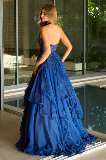 A-Line Halter Neck Sleeveless Chiffon Floor-Length Ruffle Evening Dress