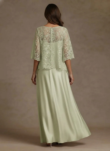 Two Piece A-Line Silk Satin Scoop Lace Floor Length Mother ofthe Bride Dresses