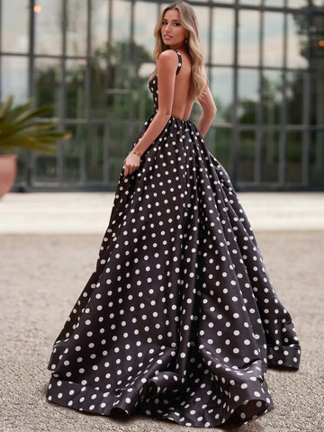 A-line Princess Square Neck Satin Maxi Polka Dot Evening Gown Floor Length Prom Dress
