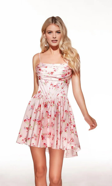 Vestido de fiesta con escote cuadrado sin mangas y estampado de satén, con corsé, línea A, mini vestido de cóctel