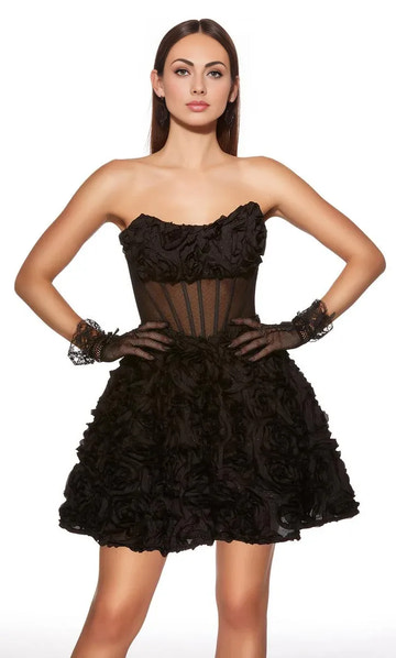 A-Line Strapless Sleeveless Mesh Organza Homecoming Dress3D-Floral Mini Cocktail Dress