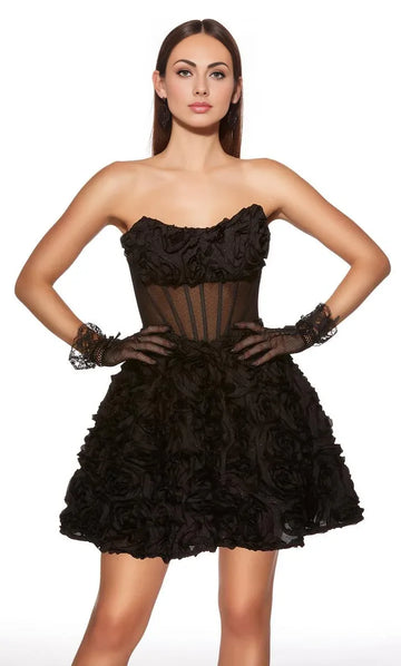 A-Line Strapless Sleeveless Mesh Organza Homecoming Dress3D-Floral Mini Cocktail Dress