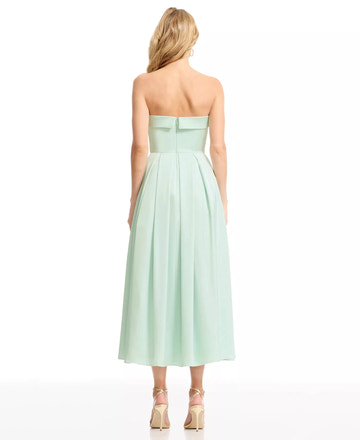 A-Line Strapless Sleeveless Satin Wedding Guest Dress Midi Cocktail Dress With Pockets